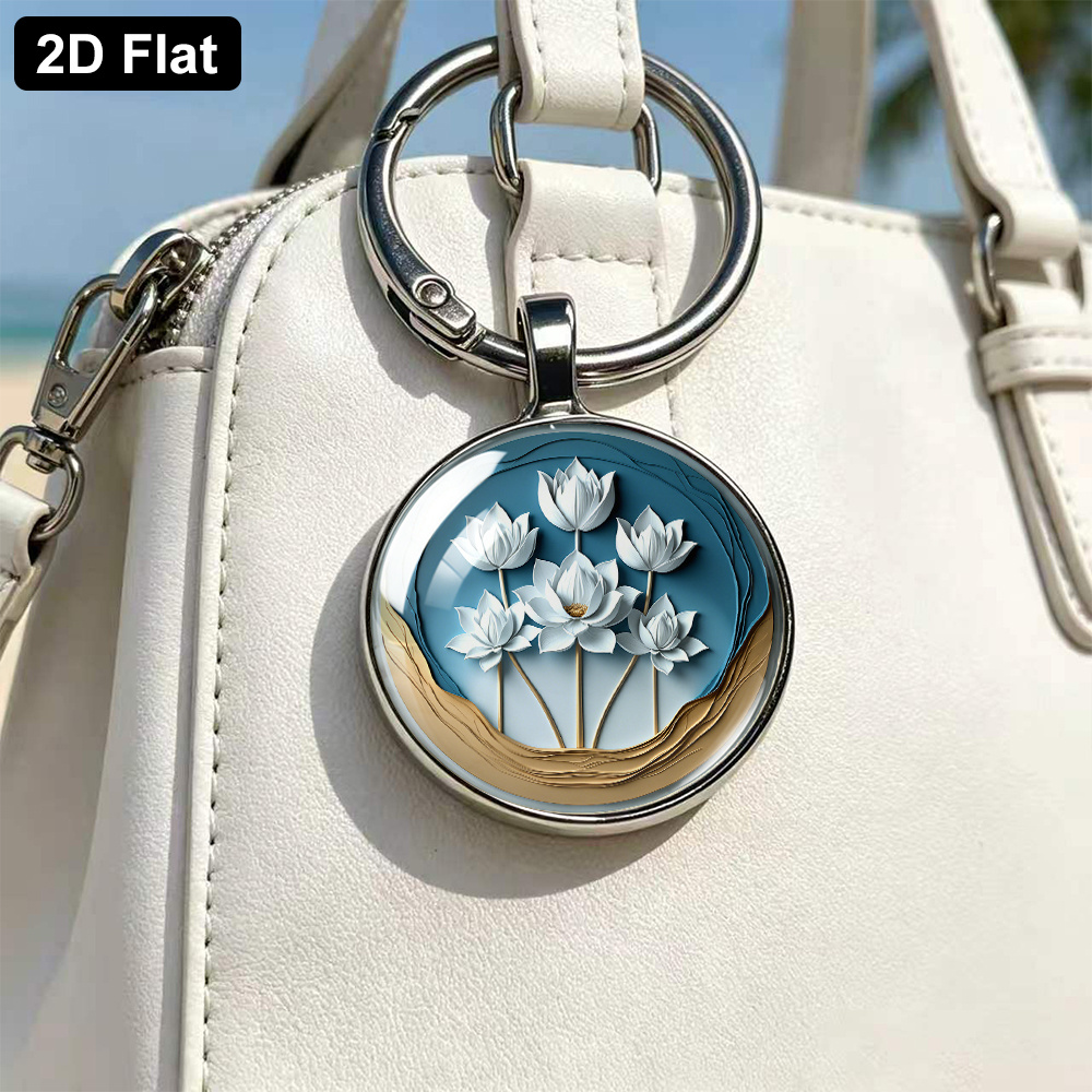 Chinese Style Keychain with Five White Lotuses Theme